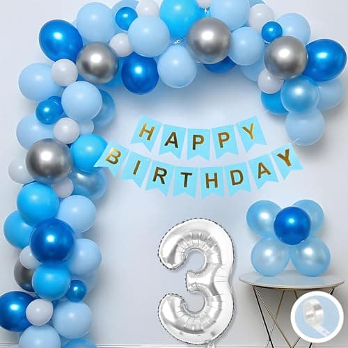 Flyloons 3rd Birthday Decoration Items Blue and White Theme Combination for Boys Girls Kids | 30 Pcs Blue White Silver Color Balloons | Blue Happy Birthday Paper Banner | Arch Tape