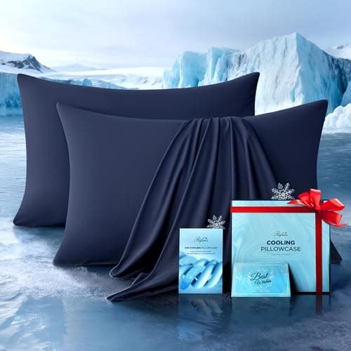Ultra-Chill Cooling Pillowcase Set of 2 for Hot Sleepers, Softer Than Silk Pillow Cases for Protecting Hair & Skin, Breathable Bed Pillow Covers w/Zipper, Gifts for Women Men (Navy Blue, Queen)