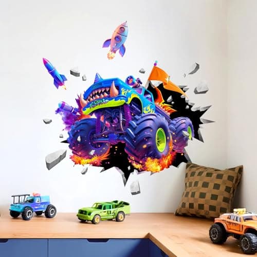 Supzone Monster Truck Wall Decals for Boys 3D Racing Car Break Through The Wall Vinyl Wall Sticker for Kids Bedroom Nursery Playroom Classroom