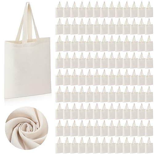 Roowest 120 Pieces Cotton Tote Bag Bulk 15 x 16 Inch Blank Shopping Cloth Bags Reusable with Long Handle for Women Men DIY(Beige)