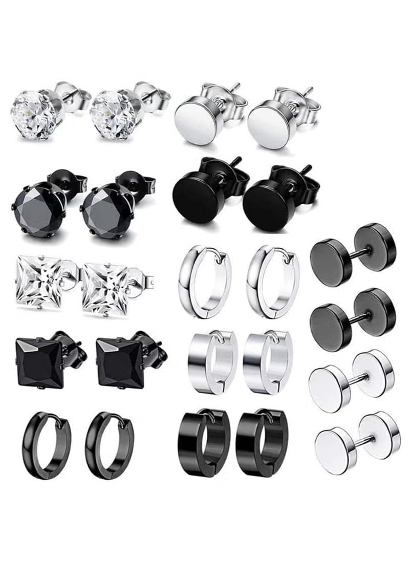 Earrings for Men, Stainless Steel Black Stud Earrings Hoop Earrings Set for Unisex, Boys Girls Jewelry Set Gift (12 Pairs Set)