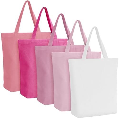 Reginary Reusable Canvas Grocery Shopping Tote Bag Bulk with Zipper Employee Staff Appreciation Gift for Valentine Galentine(Pink,5 Pcs)
