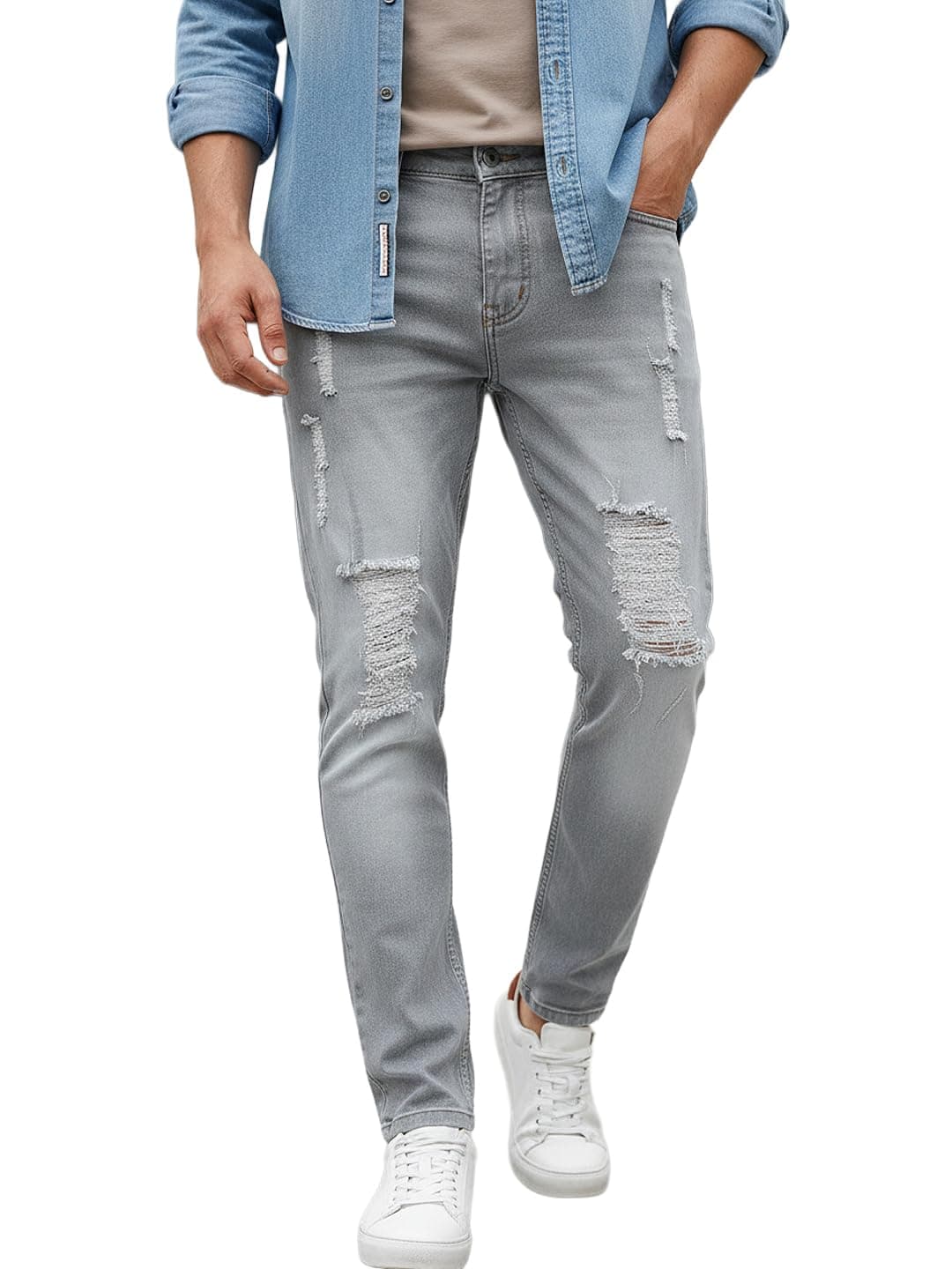 Urbano Fashion Men's Light Grey Slim Fit Heavy Distressed/Torn Jeans (avdisheavywhsk-lgre-32)