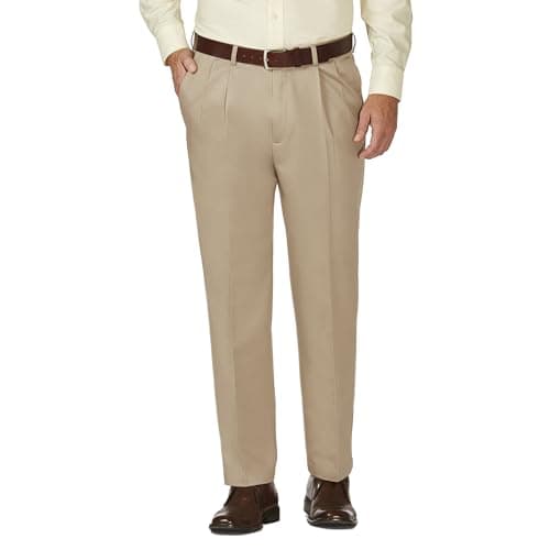 Haggar mens Work To Weekend Khaki Classic Fit No Iron Hidden Expandable Waistband Pleated Front Pant, Khaki, 42x30