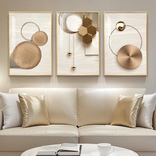 Framed Modern Luxury Gold Wall Art, 3 Piece Bright Style Art Prints Paintings Artwork for Walls, Bronze Gold Geometric Pictures for Living Room Dining Room Bedroom Wall Decor 16x24 In