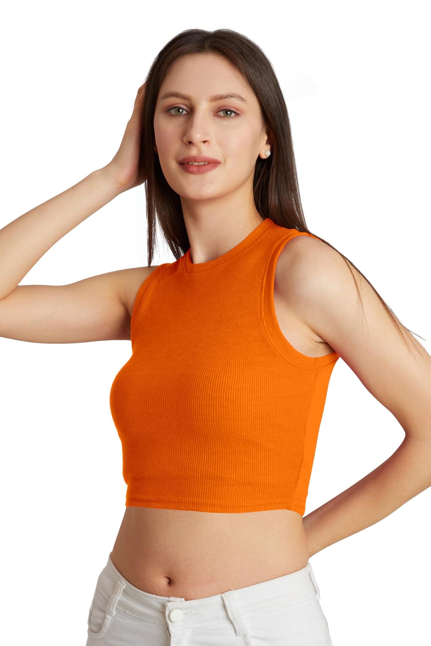 BERRY BIRD® Stylish Sleeveless Round Neck Ribbed Tank Tops for Women & Girls Slim Fit Collarless Beach, Gym Wear and Western Trendy Fashion Orange