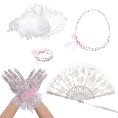 Fumwase 5Pcs Tea Party Accessories Set for Girls Tea Party Favors Kit Tea Party Gloves Hats Necklace Fan Bracelet (White), Standard