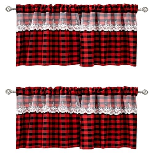 WUBODTI Christmas Red Buffalo Plaid Kitchen Curtains Valances Red and Black Plaid Valance Curtain with Lace Embroidery Rod Pocket Checkered Wintdow Valance for Living Room Bathroom 52 W x 16 L