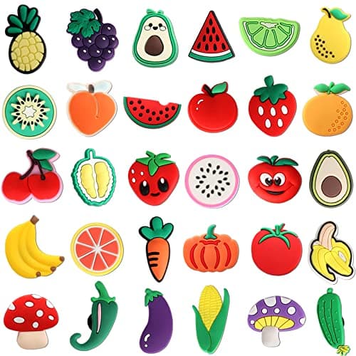 mortd Fruits Shoe Decoration Charms, 30PCS Fruit Vegetables Theme Charms for Shoe Wristband, Cherry Pineapple Eggplant Pepper Shoe Charms for Party Favors Birthday Gifts