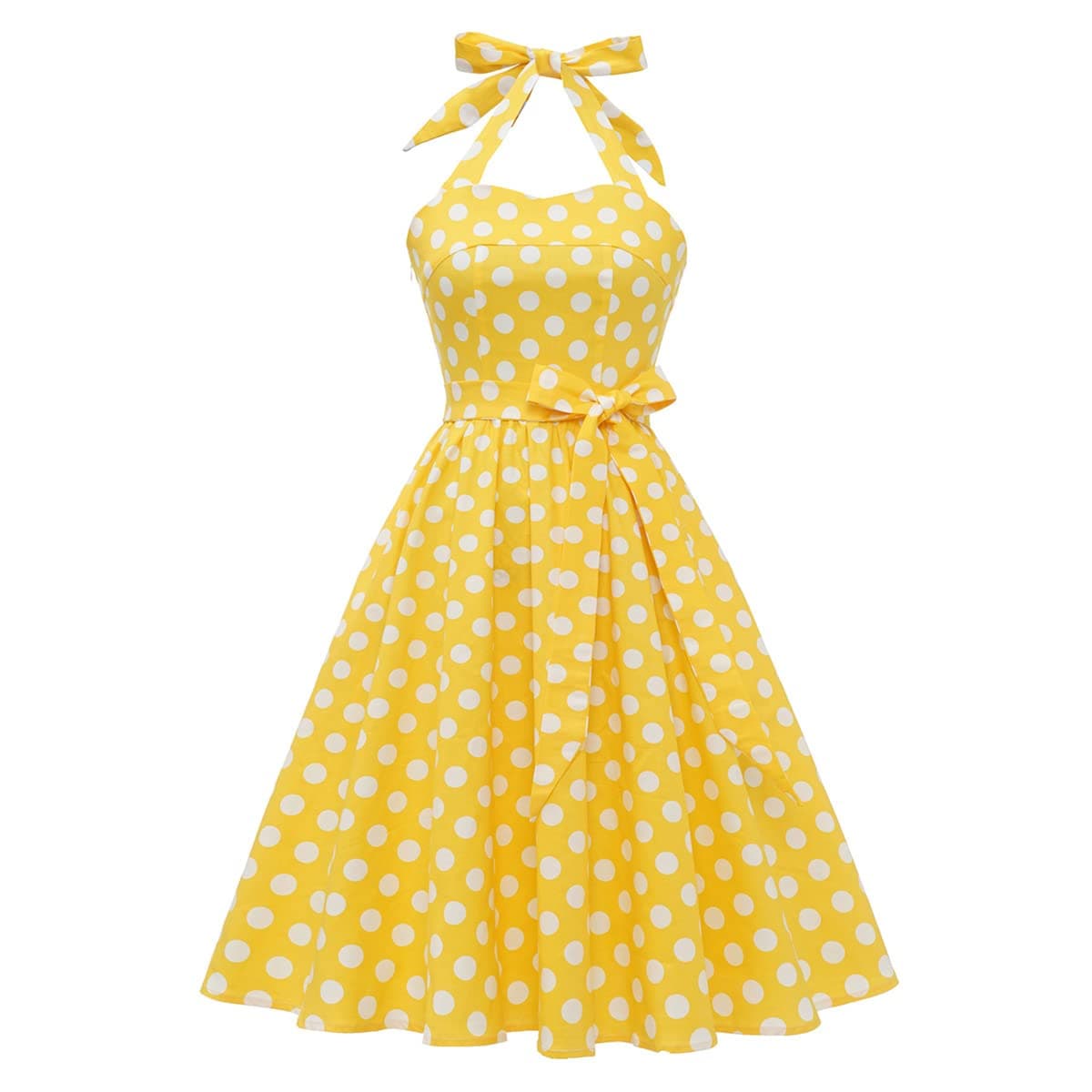 Women Halter Neck 50s Vintage Polka Dot Cocktail Swing Dress Retro Pinup 1950s Audrey Hepburn Rockabilly Prom Dress Lace Up Backless ALine Wedding Formal Party Casual Belt Dresses HalterYellow XL