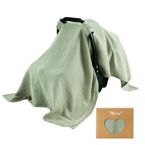 TILLYOU Baby Car Seat Cover Breathable Muslin Cotton Infant Car Seat Cover Lightweight Canopy with Sun and Bug ProtectionGreen