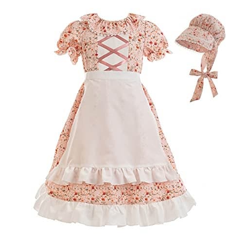 CR ROLECOS Child Prairie Pioneer Dresses for Girls Colonial Pilgrim Costumes Dress for Kids Pink Flower M