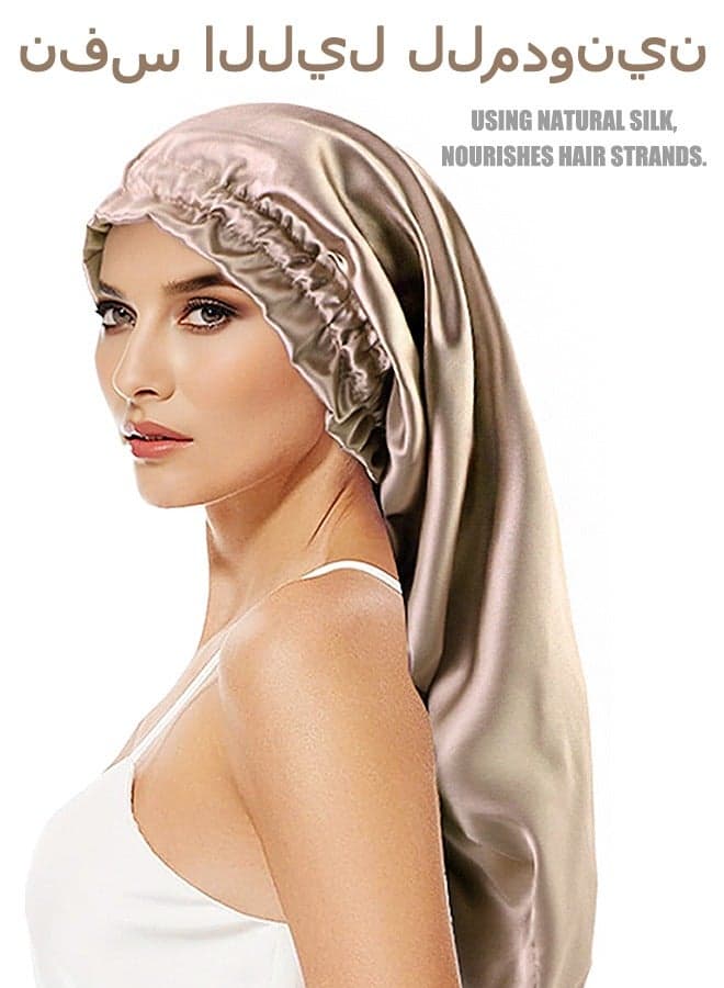 Satin Bonnet Long Sleep Cap, Extra Large Wide Shower Caps with Elastic Band, Comfortable Long Hair Care Hat Night Cap (Khaki Color)