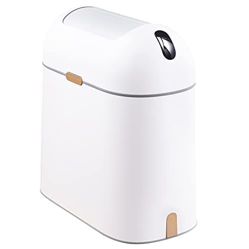 ELPHECO Bathroom Trash Can, 2.5 Gallon Motion Sensor Waterproof Trash Bin with Butterfly lid, Bathroom Decor Waste Basket Garbage Bin for Bedroom Kitchen and Office use, White with Golden Button