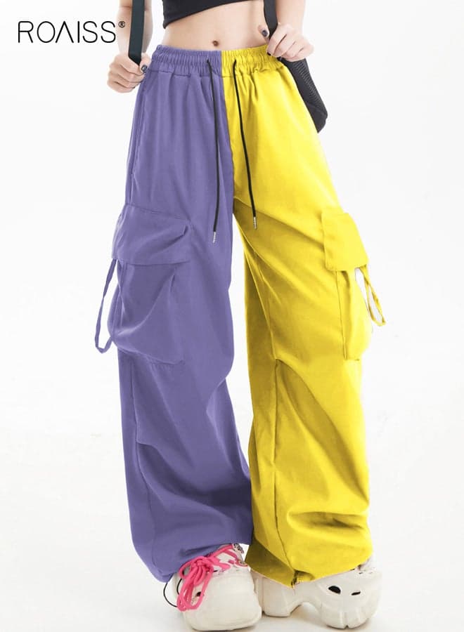 Women's Retro Color Block Cargo Joggers Design, Elastic Waist with Loose Fit, Multiple Functional Pockets, Breathable Fabric, Perfect for Streetwear Fashion and All-Season Casual Wear