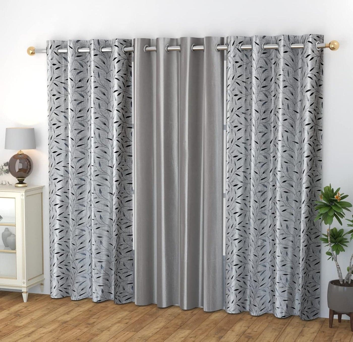HOME UTSAV Premium 3 Piece Combination Printed and Solid Curtains for Long Door 8 Feet Grey