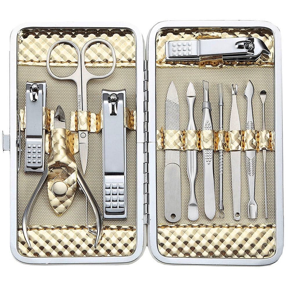 Manicure Set Professional Nail Clippers Kit Pedicure Care Tools Stainless Steel Women Grooming Kit 12Pcs for Travel or Home Gold