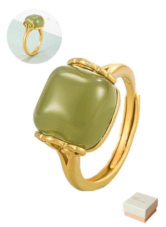 Jade Ring for Women Vintage, Wedding Engagement Single Stone Halo Ring Open Adjustable Ring for Her(Pale Green)