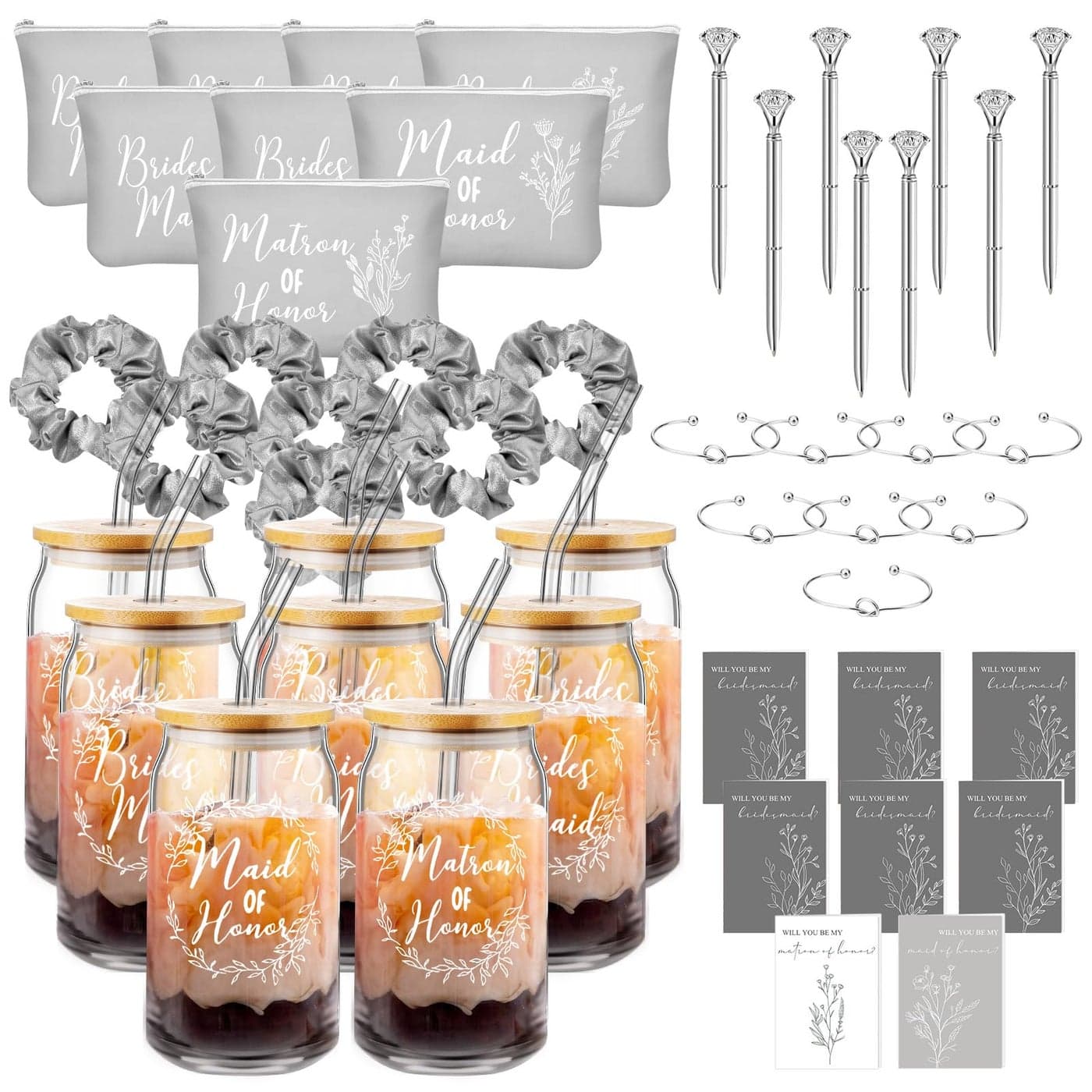 Irenare 48 Pcs Bridesmaid Proposal Gifts Maid of Honor Gifts Bridal Shower 16oz Glass Cups Cosmetic Makeup Bags Invited Cards Scrunchies Hair Knotted Bracelets Diamond Pens Gray
