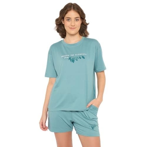 CAMEY T-Shit & Shorts Night Suit for Women, Comfortable for Summer Nights, Printed Regular Fit Two Piece Set, 2 Pockes Shorts, Home Wear, Lounge Wear Co Ord Set (Teal) (XXL)