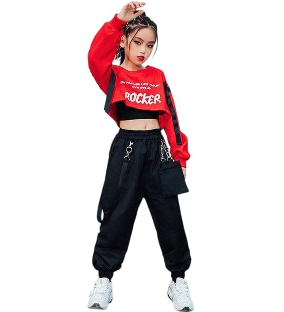 Ameeha Hip Hop Dance Costume Set, Crop Top, Tank Top, Cargo Jogger Pants, 3-Piece Street Style Outfit (Red, 13 Years-14 Years)
