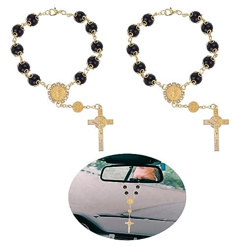 Cobee Car Rosary for Rearview Mirror, 2 Pieces Car Mirror Hanging Cross Auto Rosary Rear View Mirror Pendant Car Hanging Accessories Interior Decors for Women Men (Black Gold)