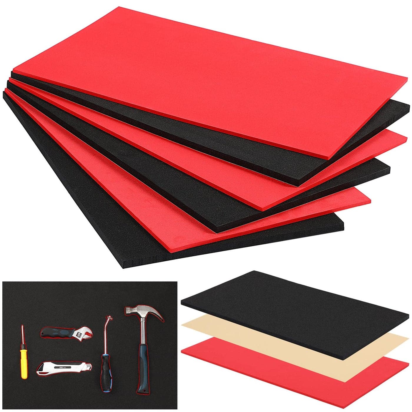 3 Sets Tool Box Shadow Foam Organizers Liner Adjustable Inserts Foam Non Slip Liner Mat for Tool Box Cabinet and Chest Drawers Black Top and Red Bottom16 x 22 Inch