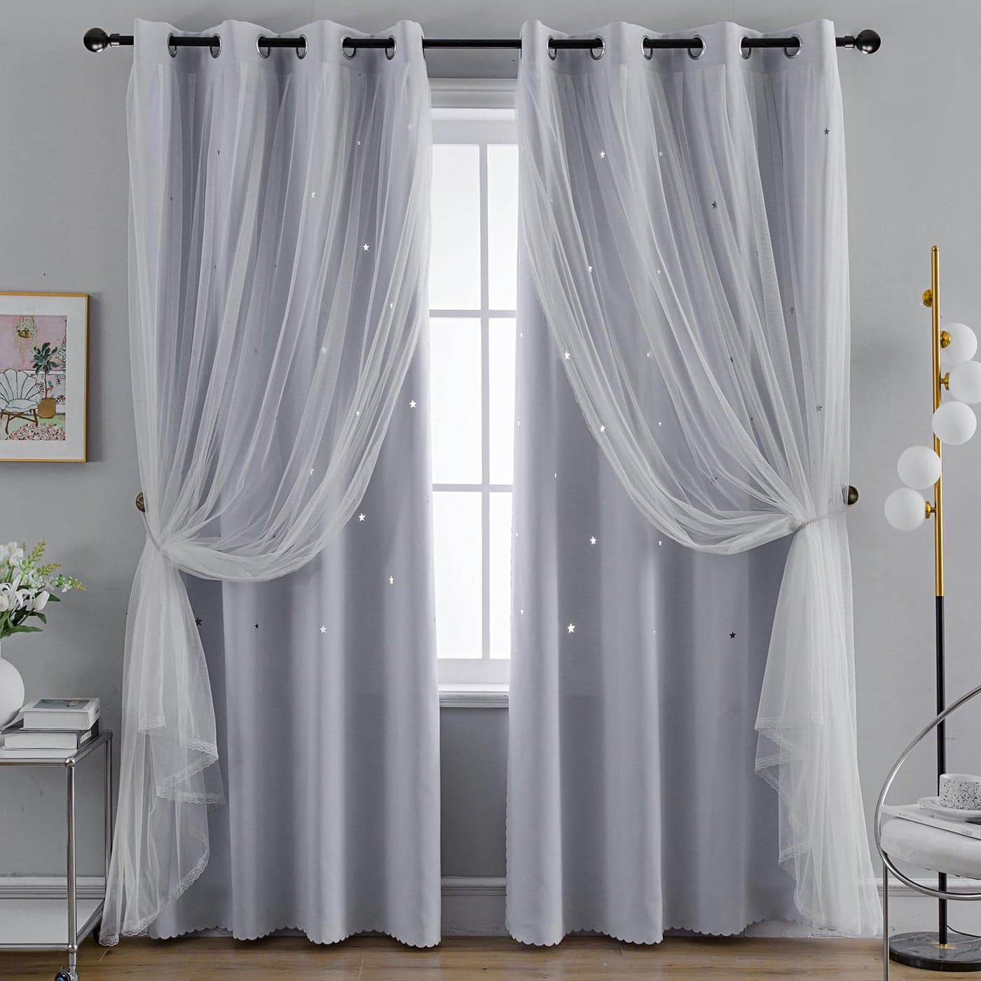 Anytime Romantic Kids CurtainHollowOut Stars Window Curtain Double Layer Blackout Curtains for Girls Bedroom Kids Room 2PanelW52 x L84Greyish White