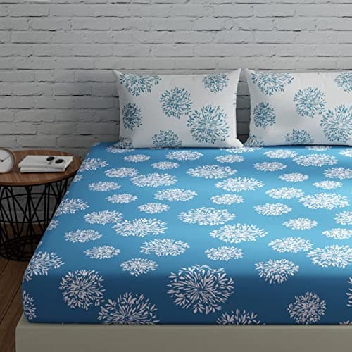 Huesland by Ahmedabad Cotton 144 TC Bedsheets Cotton Double Bed with 2 Pillow Covers - Blue & White