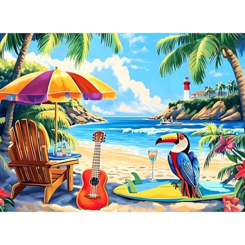 500 Piece Jigsaw Puzzle for Adults Beach Scenery Jigsaw Puzzle Chair and Guitar Jigsaw Puzzles Seaside Lover Challenging Puzzles for Friends Family Activity Game Nights Gifts