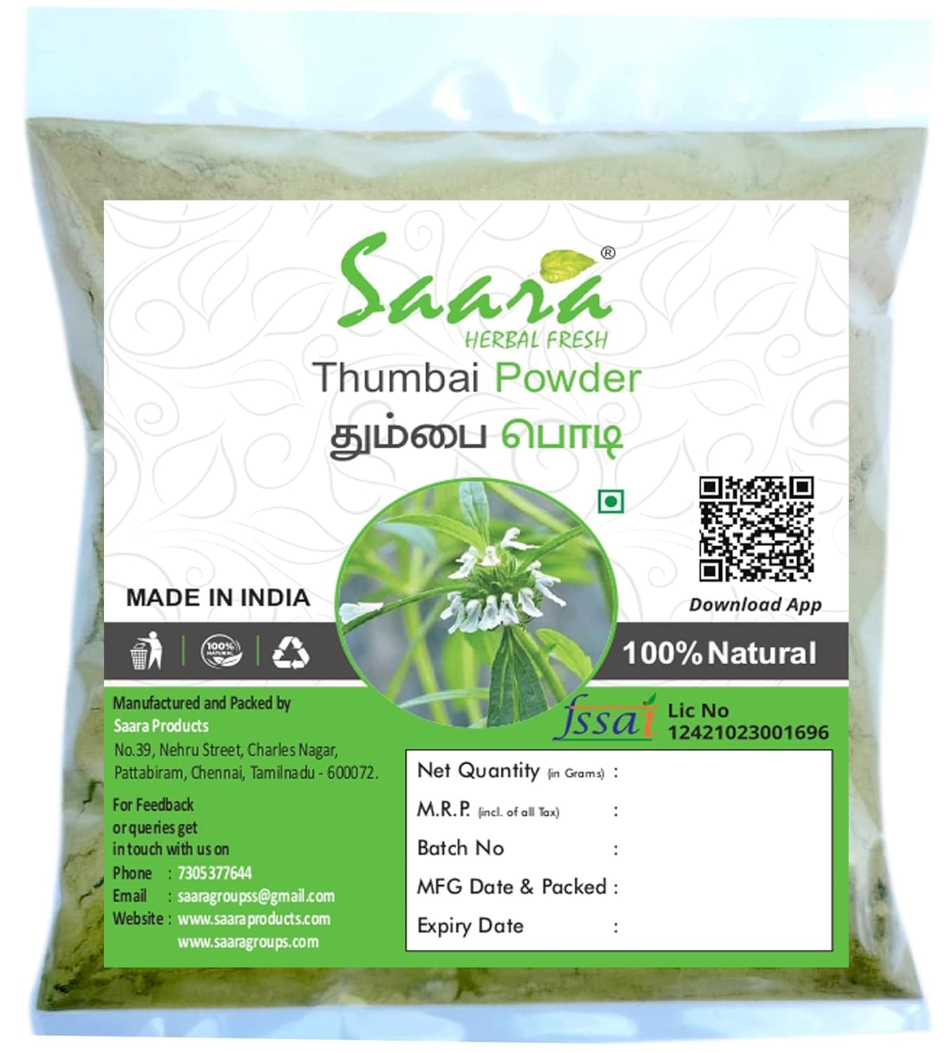 Saara HERBAL FRESH Thumbai Powder 100g Chota Halkusa Leucas Aspera Powder Madhupati Goma Tumba Powder Pack of 1 X 100g