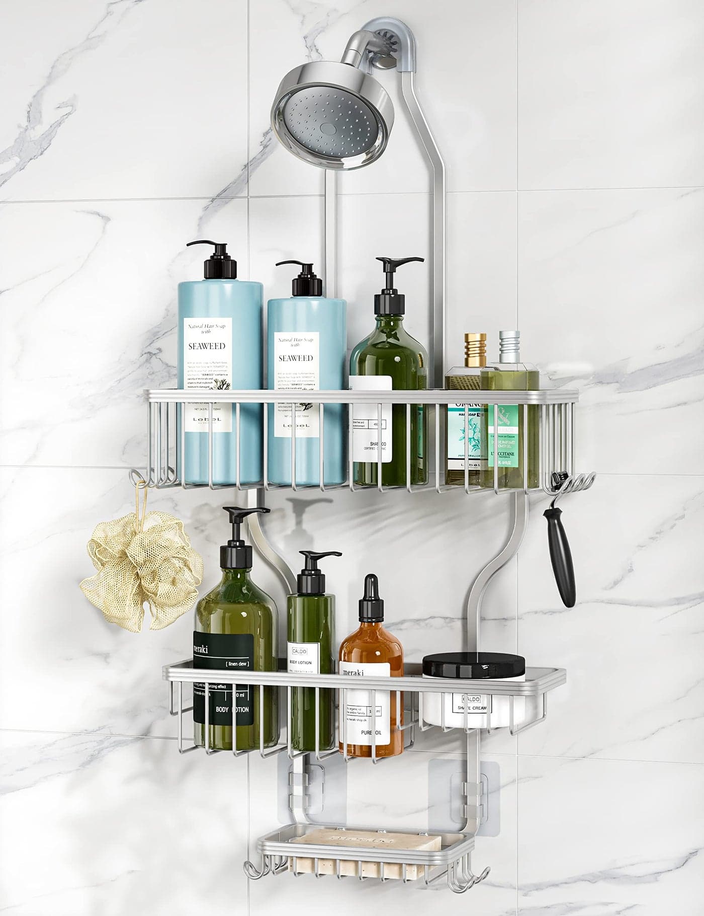 YASONIC Shower Caddy Hanging Never Rust Shower Organizer Aluminum Over The Shower Head Caddy with 10 Hooks for RazorSponge Shower Rack with Soap Basket Silver