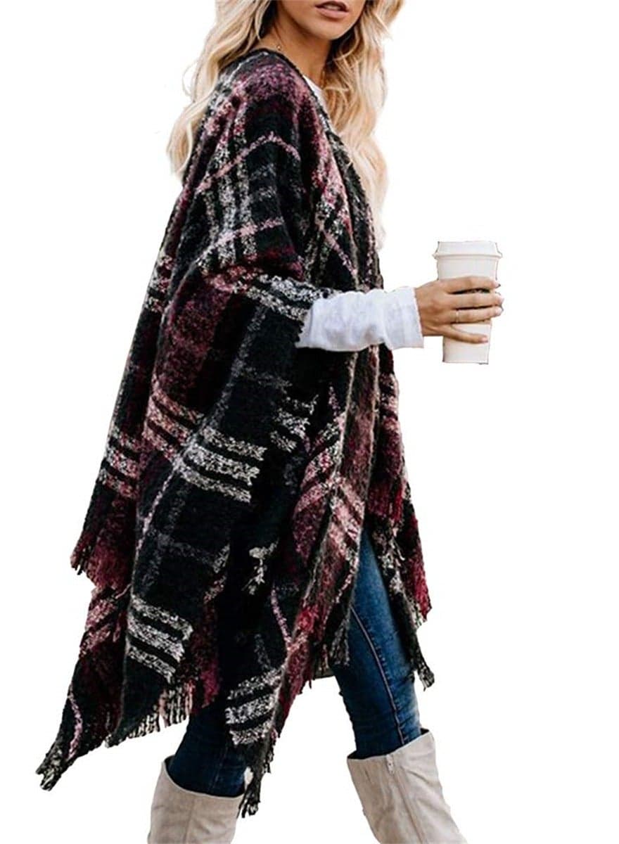 Stylish Boho Buffalo Plaid Cardigan Poncho for Women, Oversized Tassel Shawl Wrap, Perfect Fall Cape Sweater