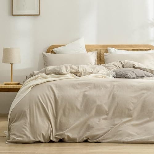 BESTOUCH Duvet Cover Set 100% Washed Cotton Linen Feel Super Soft Comfortable Chic Lightweight 3 PCs Home Bedding Set Solid Almond Milk Grey Oversized Full