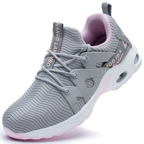 LANSNBO Steel Toe Shoes for Women Indestructible Safety Work Shoes Air Cushion Lightweight Breathable Utility Sneakers Puncture Proof Slip Resistant Composite Toe Footwear(Hui Fen 41.5 Grey,Pink