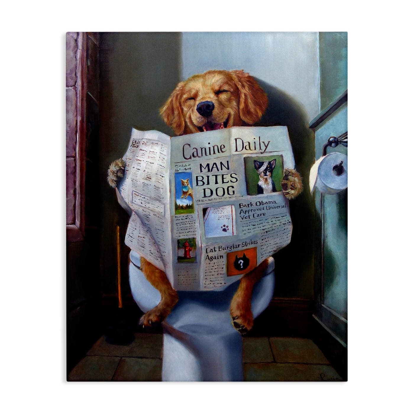 Stupell Industries Dog Reading the Newspaper On Toilet Funny Painting Canvas Wall Art Design By Artist Lucia Heffernan