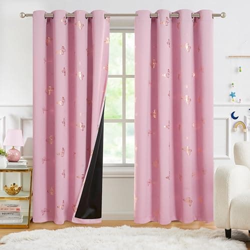 Jubilantex Gold Butterfly Print Blackout Curtains 95 Inches Long for Bedroom Kids Bedroom Nursery Floral Print Window Curtains with Black Layer,Grommet Top 2 Panels