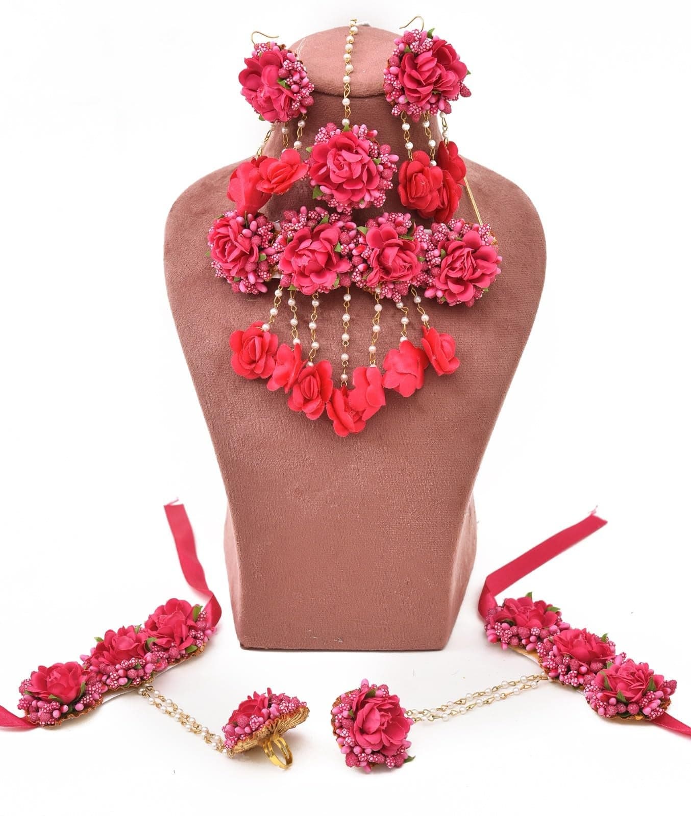 Sanvatsar Rose Red Fabric Glorious Bridal Jewellery Set for Women