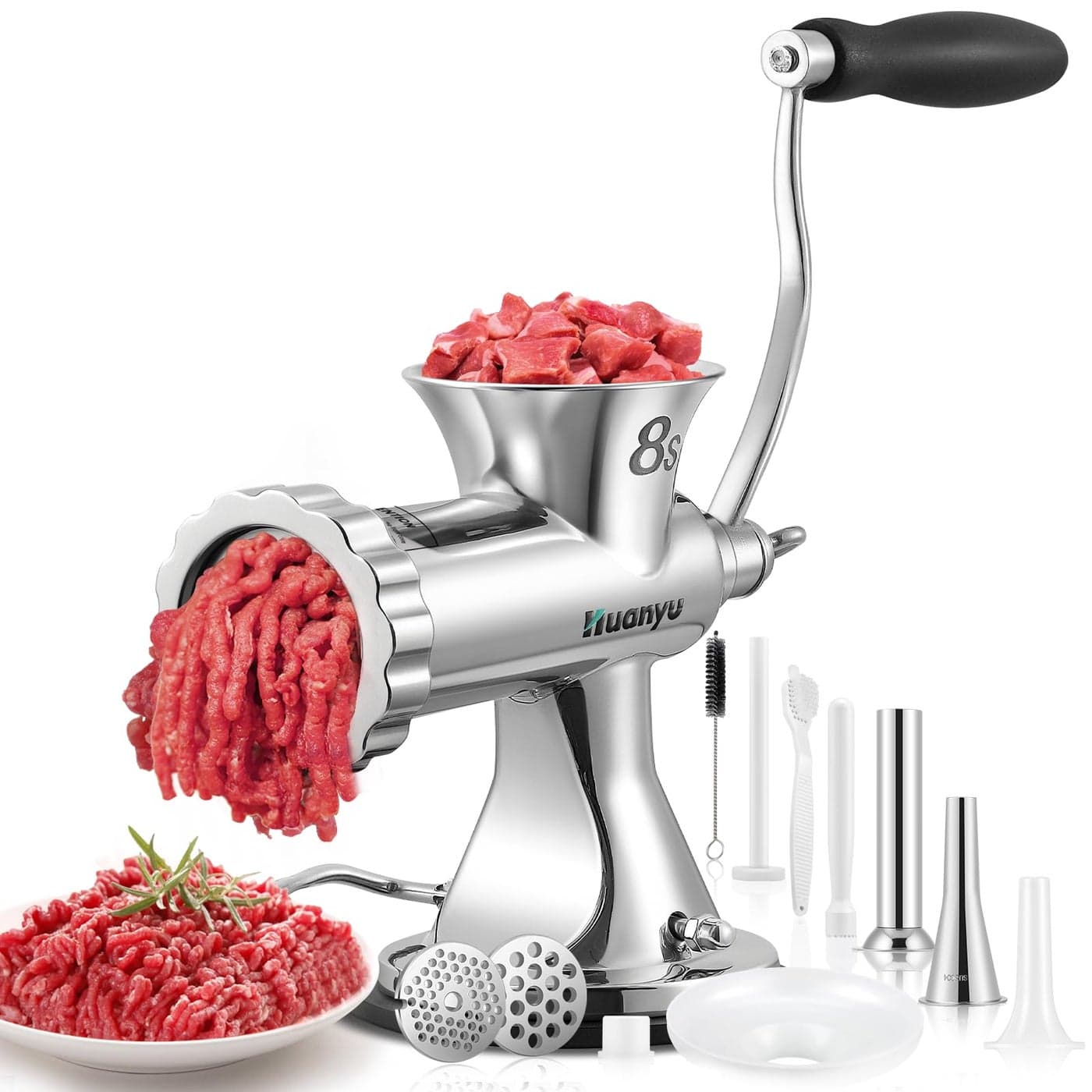 Huanyu Manual Meat Grinder with 2 Stainless Steel Sausage Stuffer Filler Hand Crank Mincer Meats Processor Grinding Machine Ground Chopper Home Use for Beef Chicken Rack chili etc Dishwasher Safe