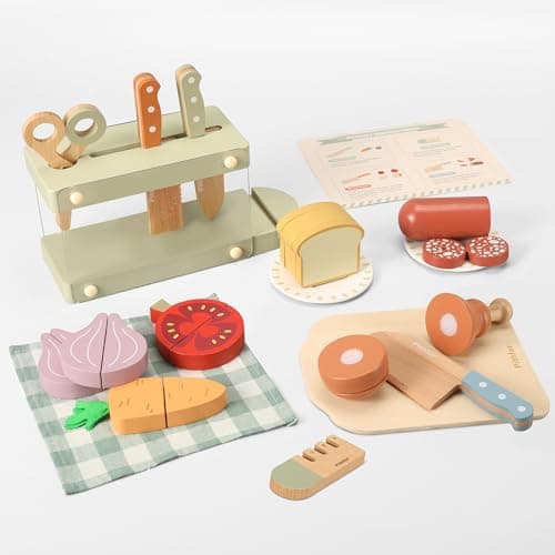 Pithfor Play Knife Set Play Kitchen Accessories Wooden Pretend Play Food Set Toys for Kids Toddlers Gifts for 2 3 4 Years Old Girls Boys