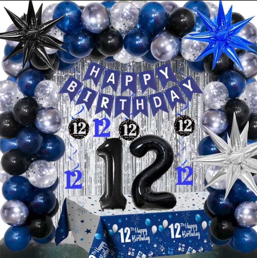 12th Birthday Decorations for Boys and Girls Dark Blue 12 Year Old Party Supplies with HAPPY BIRTHDAY Banner 12 Balloon Number Tablecloth Foil Star Balloons Garland Arch Kit