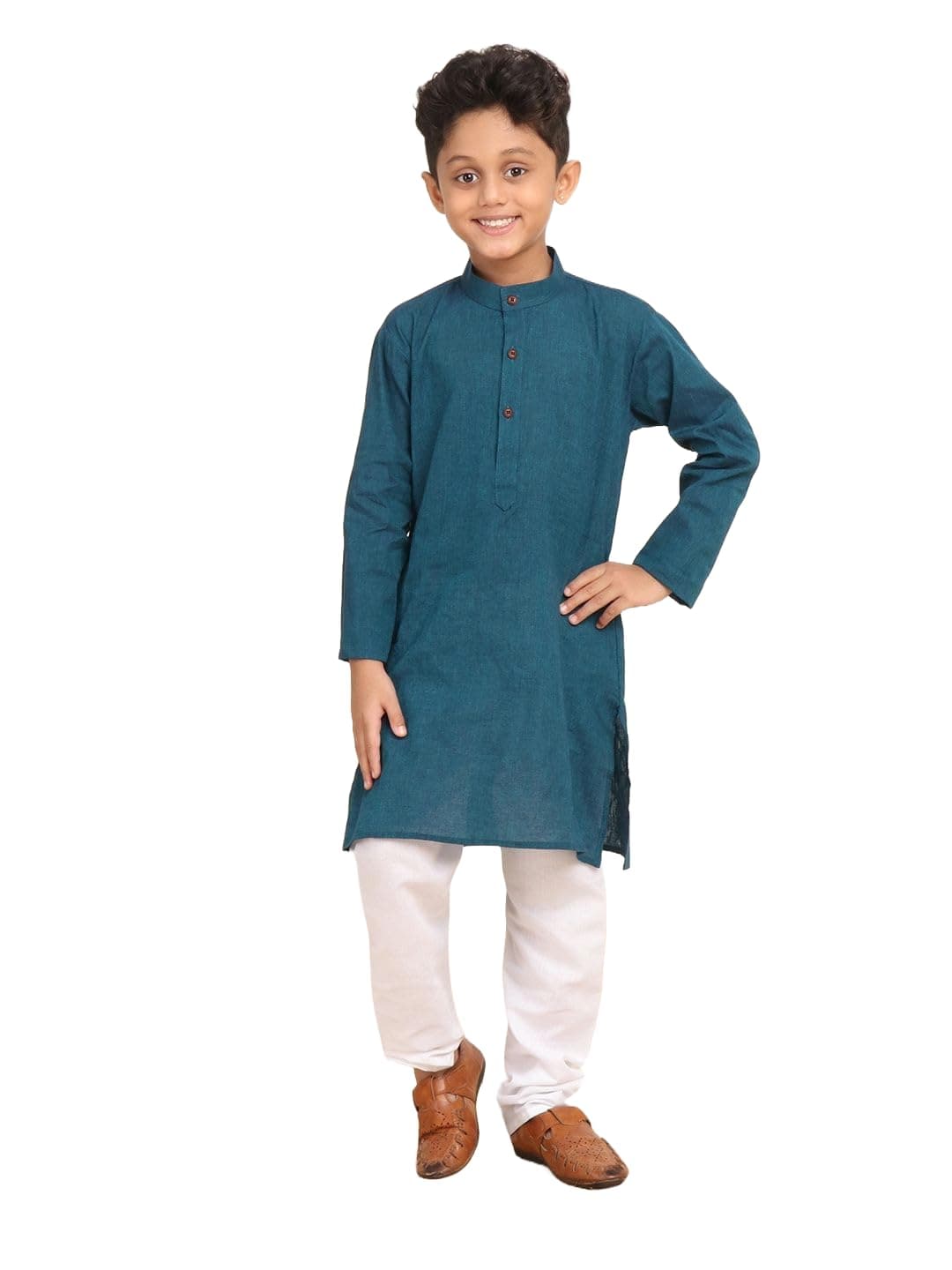 BABA AND BABY boys traditional ethnic wear handloom cotton plain peacock green colour kurta pajama set (Peacock Green, 11-12 Years)