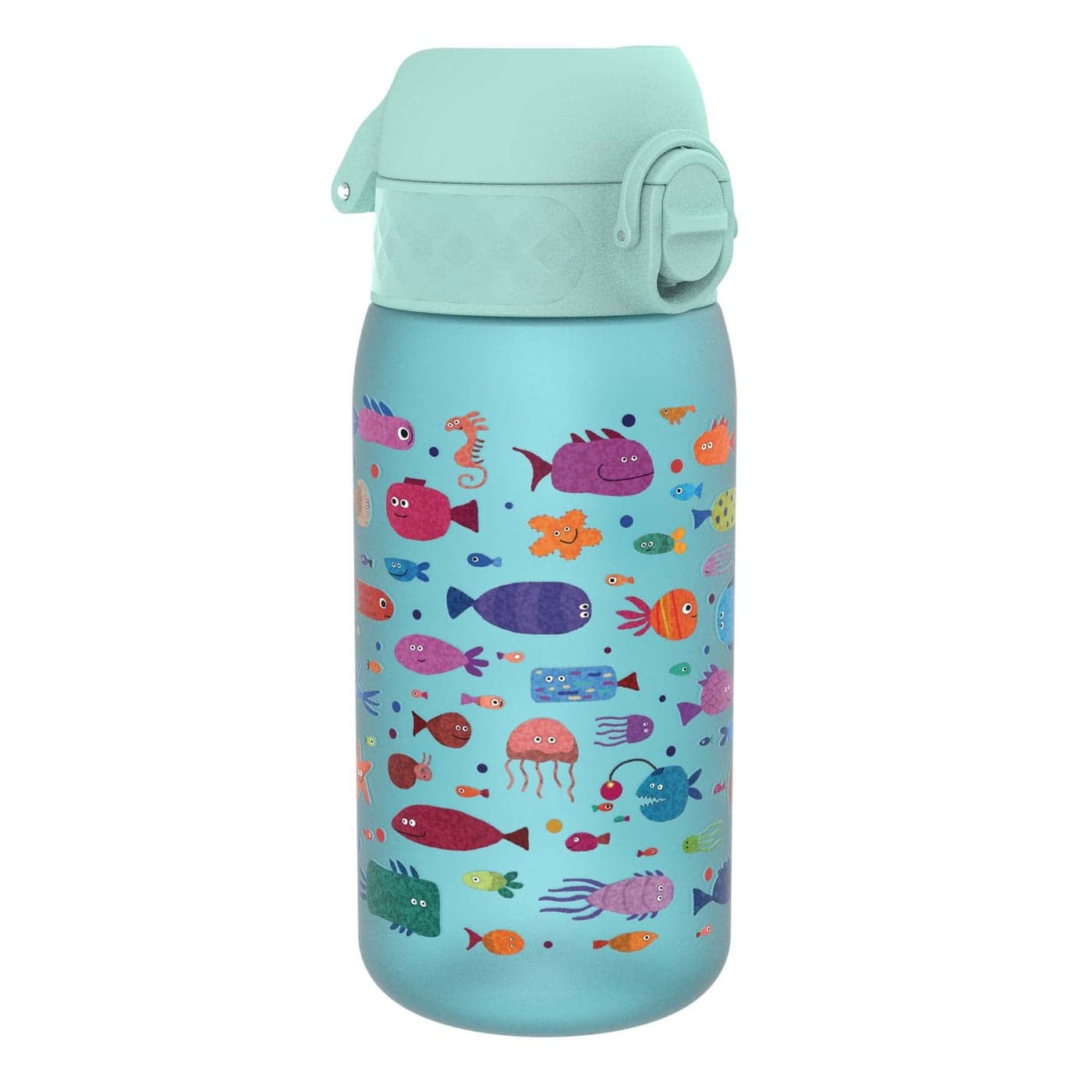 Ion8 Small Water Bottle 350 ml12 oz Leak Proof Easy to Open Secure Lock Dishwasher Safe BPA Free Carry Handle Hygienic Flip Cover Easy Clean Odor Free Carbon Neutral Blue Fish Design