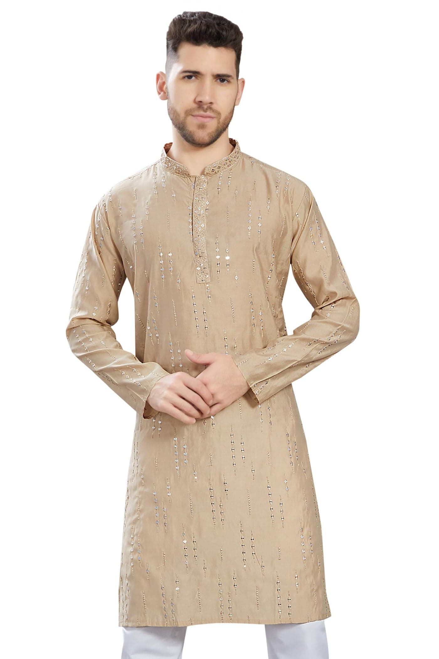 DIVISIVE Men's Mirror Embroidered Silk Blend Only Slim Fit Kurta (DKRT813_M_Peach)