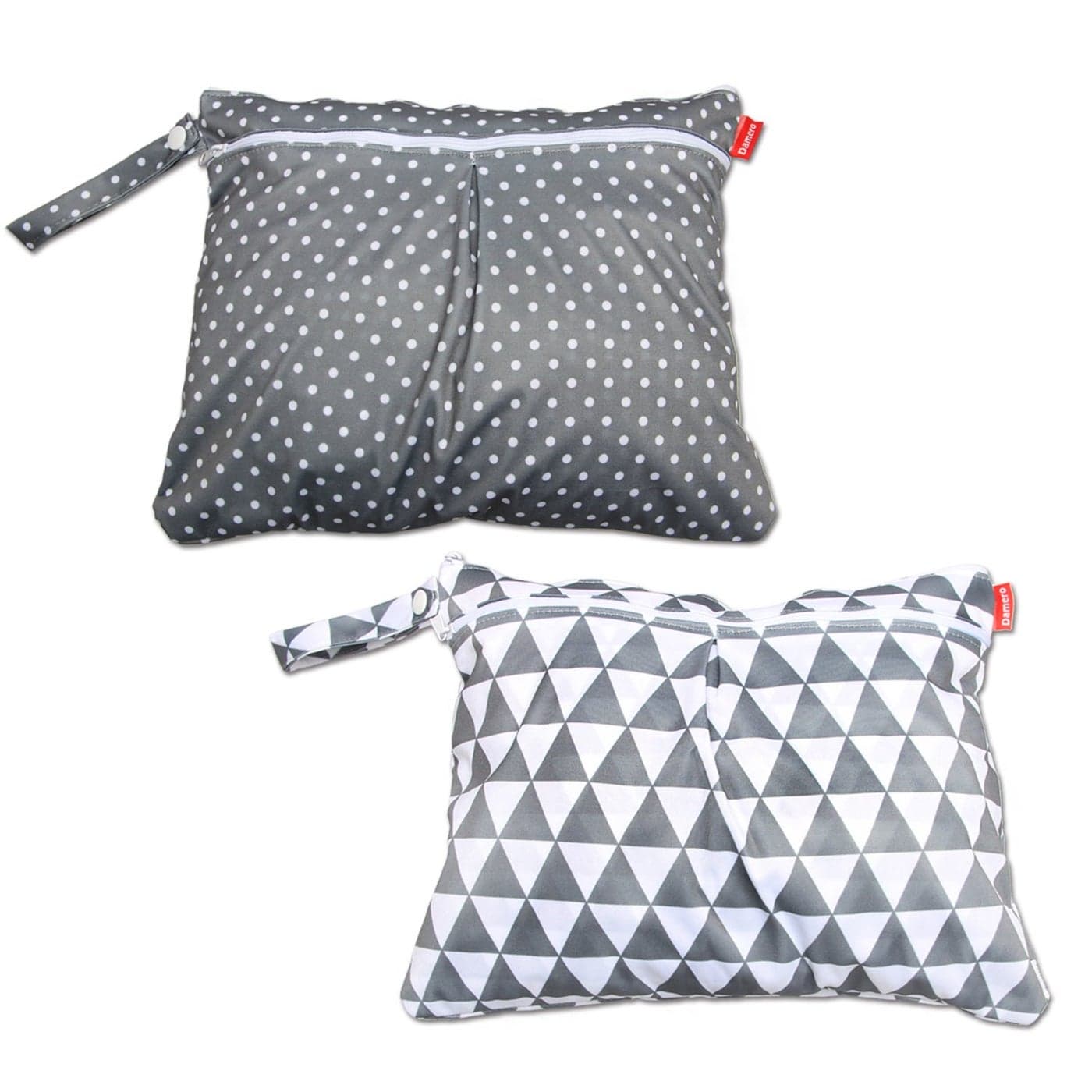 Damero 2pcs Travel Wet and Dry Bag with Handle for Cloth Diaper Pumping Parts Clothes Swimsuit and More Easy to Grab and Go Small Gray Triangle Gray Dots