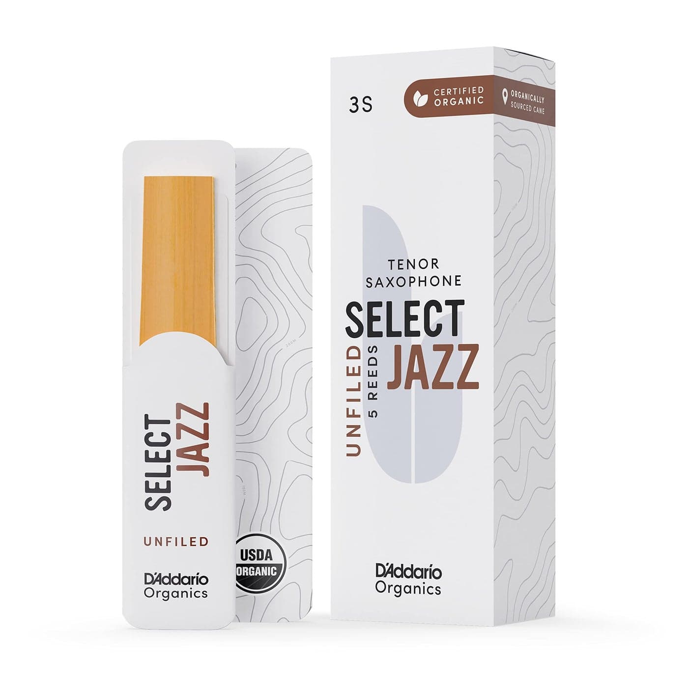D'Addario Select Jazz Unfiled Sax First & Only Organic 3 Soft, 5 Pack Tenor Saxophone Reeds (ORRS05TSX3S)