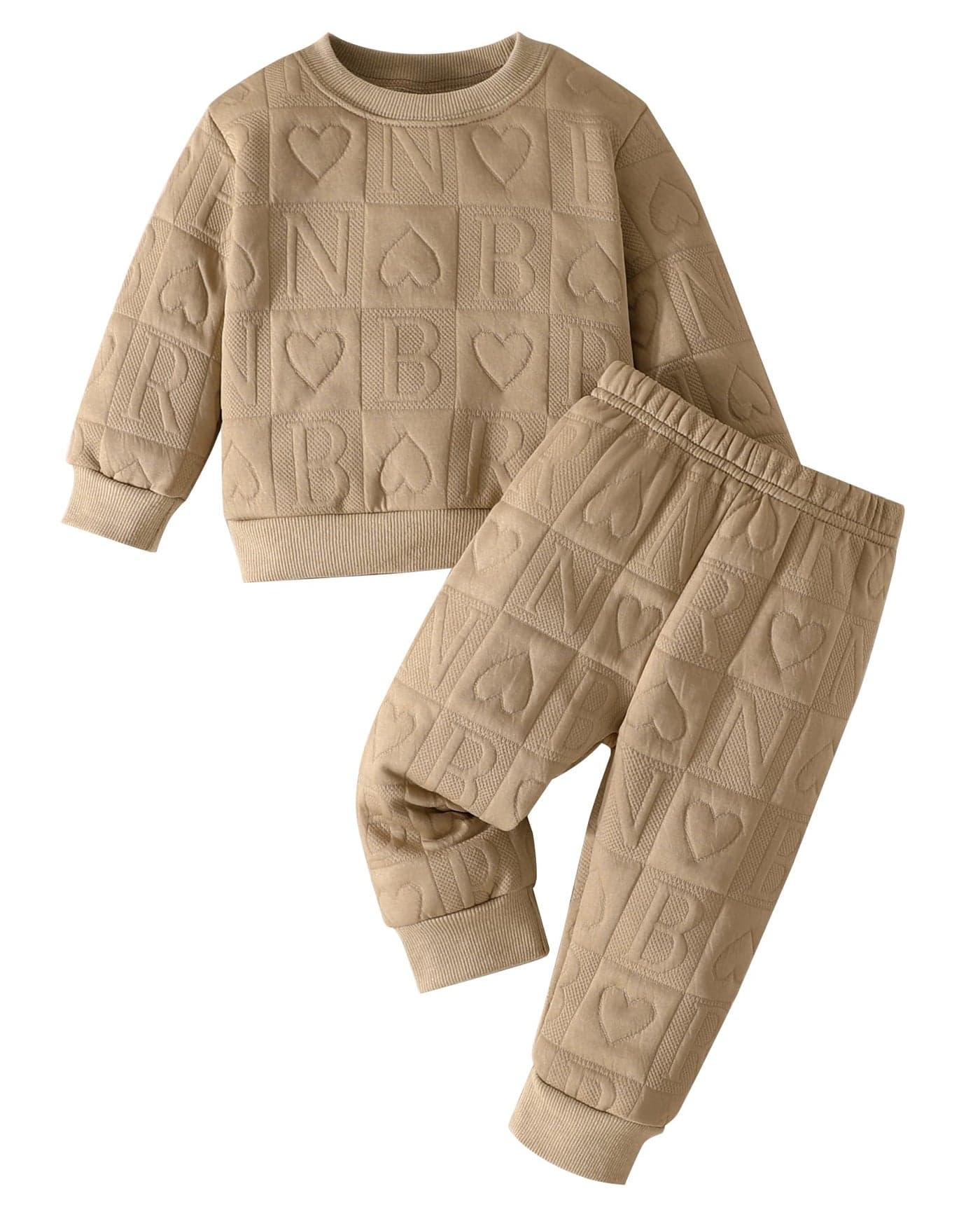 Jecson Toddler Baby Girl Clothes: Soft Warm Outfits Set Quilted Heart Pullover Sweatshirt & Jogger Pants Cute Fall Winter Home Out 9-12 Months Beige