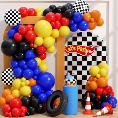 HKYOOD 160Pcs Race Car Balloon Garland Arch Kit Car Wheels Checkered Balloons 18 12 10 5 Inch Different Size Balloons for Racing Car Two Fast 2nd Monster Theme Birthday Party Decorations Supplies