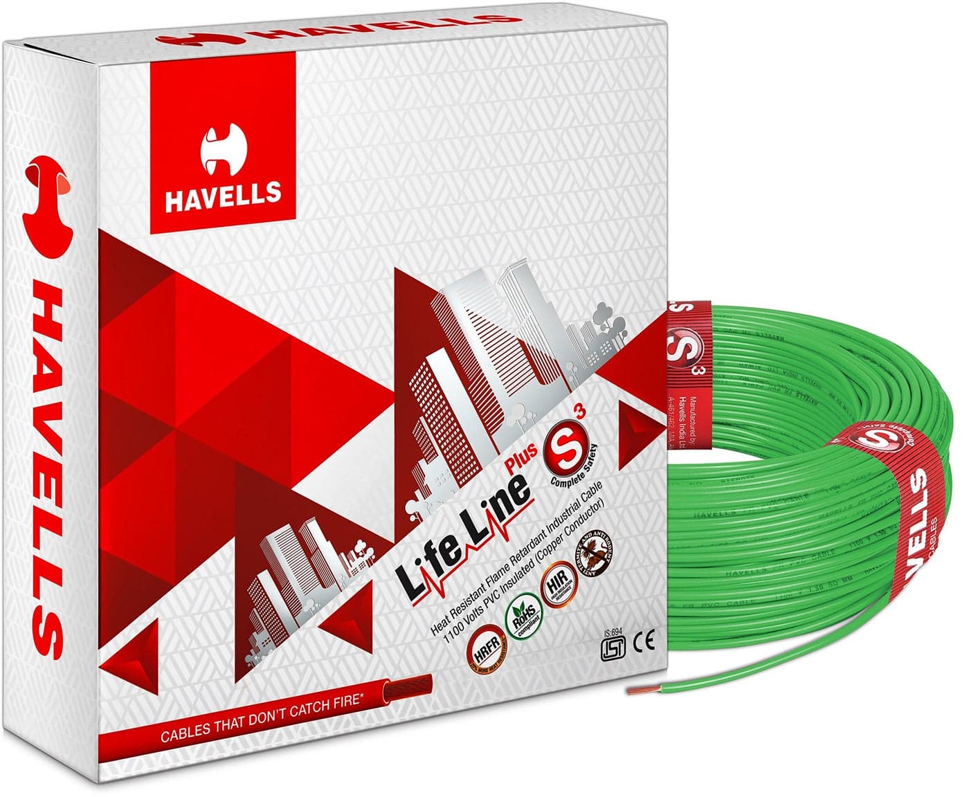 Havells LifeLine+ S3 | 1.5 sq.mm Copper Wire (90m-Green)| Class 2 Conductor (100% Copper), Heat Resistant & Flame Retardant - Ideal for Domestic & Industrial Use (WHFFDNGA11X5)