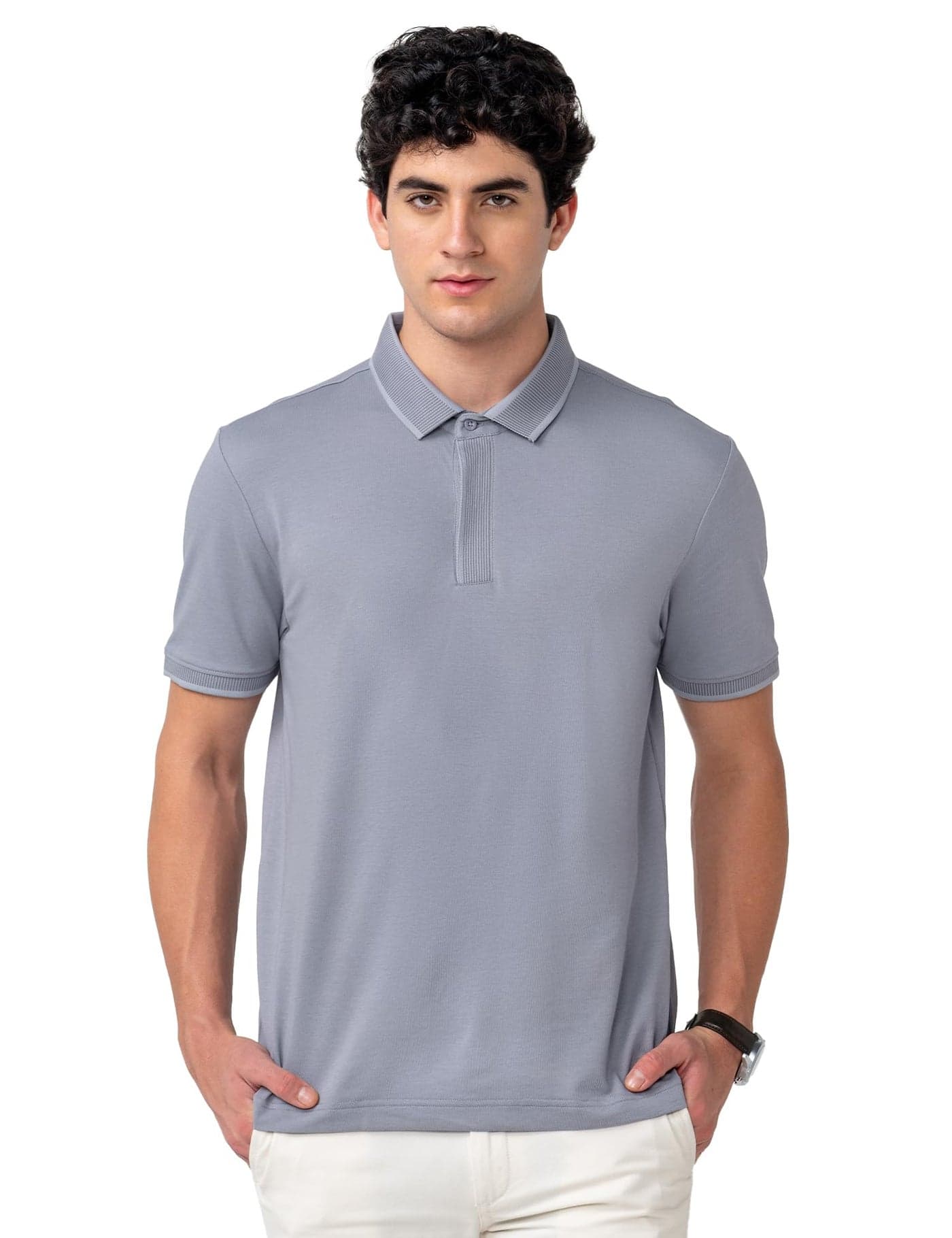 DAMENSCH All-Degree Solid Buttoned Polo T Shirt for Man, Pique Textured, Cotton, Thermoregulating Mens T Shirts with Collar, Recycled Fabric Tshirt Polo-Lilac Ash-L